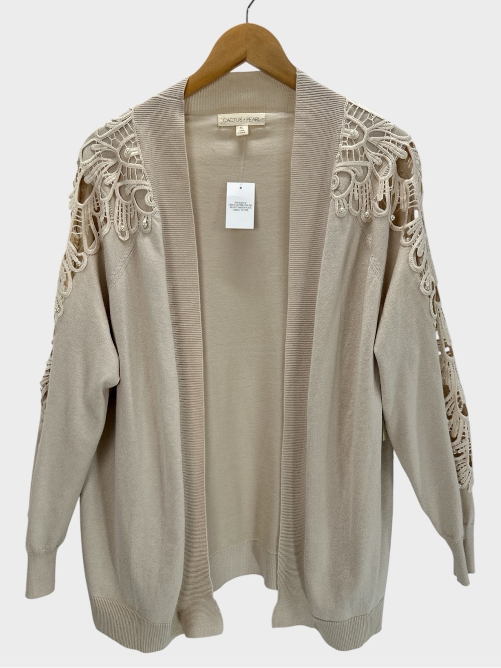 Cactus + Pearl Lace Sleeve Open Front Knit Cardigan Embroidered Ivory XL